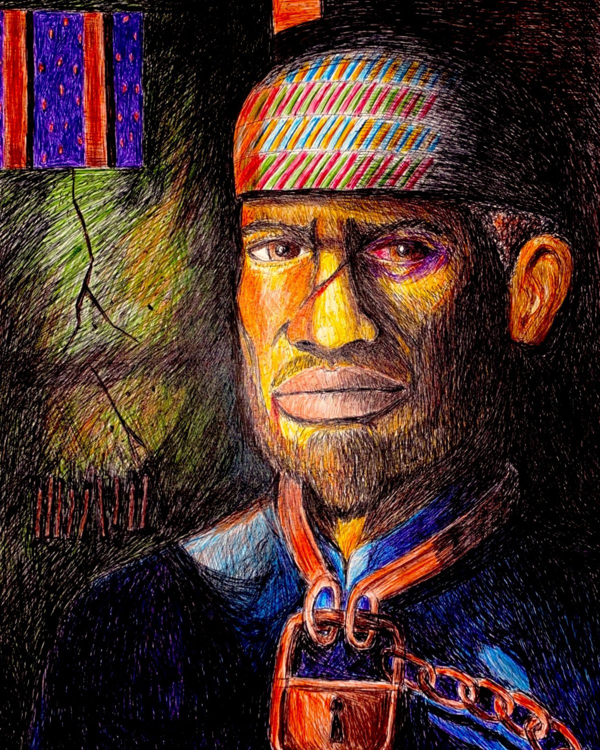 A drawing of a historical black man - a slave - with a lock on his neck. Illustration by Dean Kane