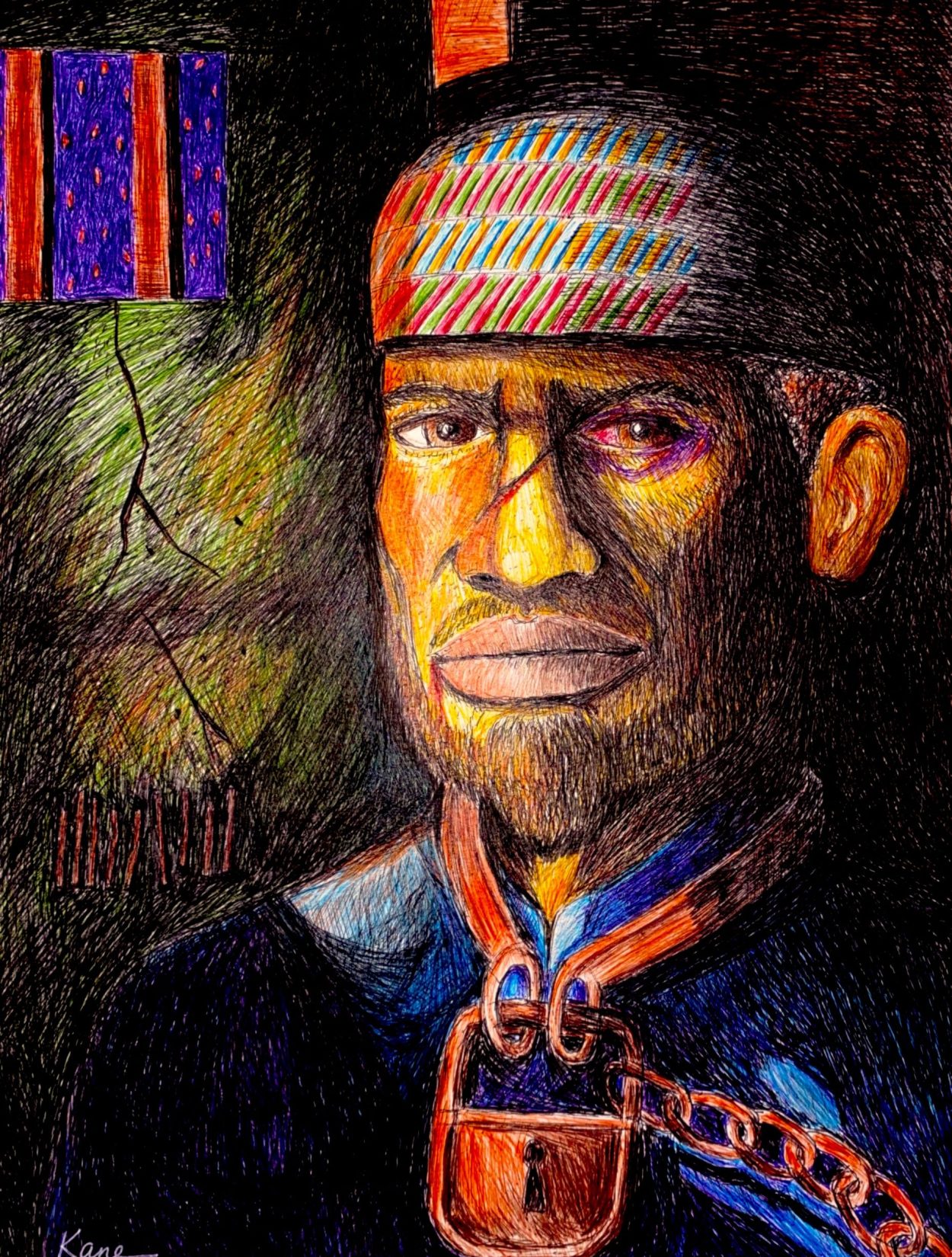 Ain't I a Human? 4 for unREVISE A drawing of a historical black man - a slave - with a lock on his neck. Illustration by Dean Kane