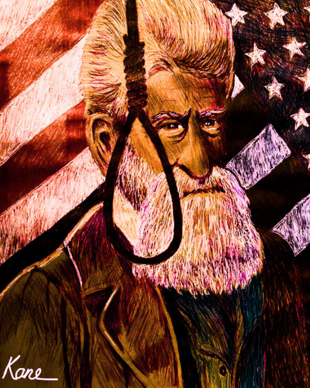 A drawing of John Brown standing behind a noose. Illustration by Dean Kane