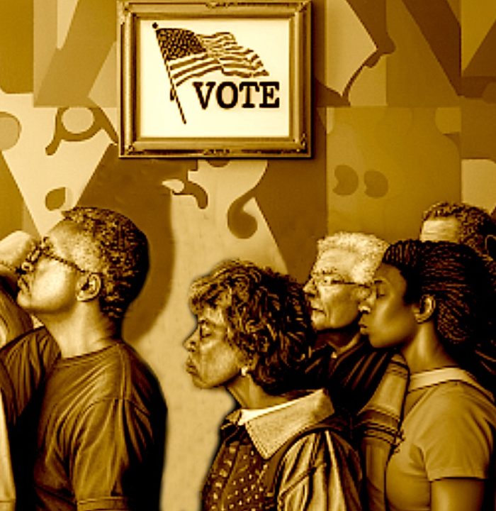 People stand in line to vote. Image produced using Midjourney