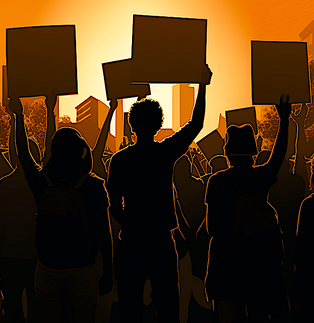 A silhouette image of protesters holding up signs. Image produced using Midjourney