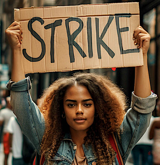 A woman holding up a sign that says, "STRIKE." Image produced using Midjourney