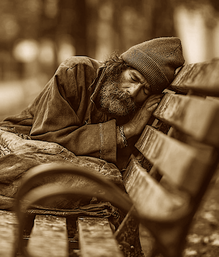 Image of homeless man sleeping on a park bench. Image produced using Midjourney